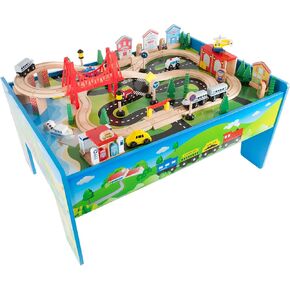 Wooden Train Set - 75-Piece Play Set with Tracks, Vehicles, Buildings, Characters, Illustrated Playing Surface, and Activity Table by Hey Play (Pink)