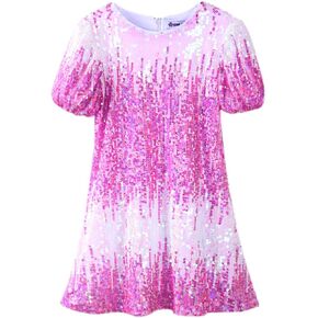 WELAKEN Girls Ombre Sequin Dress Sparkly Fancy Short Puff Sleeves Gradient Party Dress
