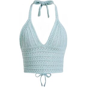 Women Sexy Hollow Out Crochet Crop Halter Tops Y2K Knitted V Neck Sleeveless Backless Lace Up Crop Cami Tank Beachwear