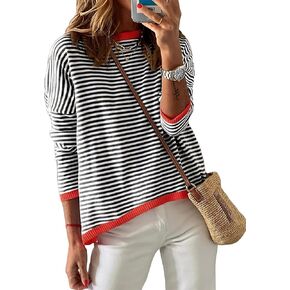 Sherosa Womens Long Sleeve Striped Sweaters 2024 Trendy Crewneck Color Block Shirts High Low Fall Tops Fashion Outfits