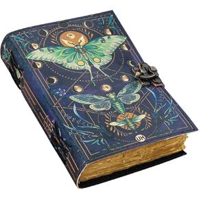 Blank Spell Book of Shadows Journal with Lock Clasp Vintage Handmade Leather Luna Moths and Morpho Butterfly Print Diary Prayer Pagan Witchcraft Supplies Wiccan Decor Notebook Daily (7X5) inch