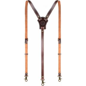 Tourbon Brown Genuine Leather Men's Suspenders Heavy Duty Y Back Design Adjustable Straps with 3 Metal Snap Hooks for Jeans