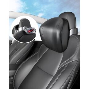 for Tesla Headrest Pillow Model Y / 3 Accessories PVC Leather Adjustable Car Seat Headrest Neck Rest Cushion with 360° Rotating Phone Tablet Bracket Holder & Hidden Dual Hooks (Black)