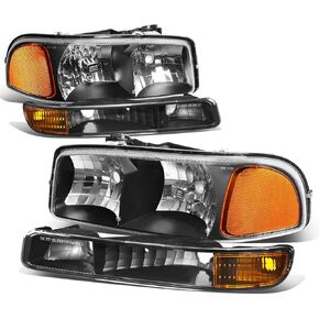 Auto Dynasty 4PCS Headlights Assembly and Bumper Lamps Compatible with GMC Sierra Yukon 1500 2500 3500 GMT800 1999 2000 2001 2002 2003 2004 2005 2006 2007, Chrome Housing Clear Corner