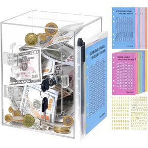 Clear Piggy Bank for Adults and Kids, Reusable Money Saving Box with 12 Money Saving Challenge Trackers, Cash Vault Saving Box with Key for Cash Saving 5000, 10000