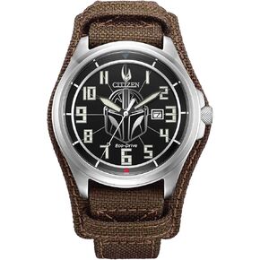 Citizen Eco-Drive Men's Star Wars Mandalorian Watch, Brown Nylon and Leather Watch, Stainless Steel, 3-Hand Date, Luminous, 44mm (Model: AW1411-05W)