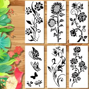 6pcs Garden Fence Large Flower Stencils, Flower Painting Wood Template Floral Drawing Stencils Wall Stencils for Crafts Reusable Outdoors Wall Decoration Home Floor Decor Drawing Supplies