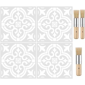 Set of 7, Tile Stencil and Wooden Stencil Brush, findTop Mandala Style Wall Templates Tile Pattern Painting Stencil (12 x 12 Inch) with Bristle Brushes