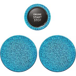2 Bling Car Cup Holder Coaster and 1 Bling Engine Start Stop Button Ring Cover, Push to Start Button Cover,Bling Crystal Rhinestone Car Interior Accessories for Women (Ring+Coaster, Silver)