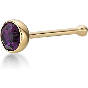 Lavari Jewelers 20 Gauge Straight Bone, L-Shaped or Curved Screw Nose Stud for Women - 14k Yellow Gold Round Violet Crystal Nose Ring - Unisex Stud Nostril Piercing Jewelry - 20G Body Piercing for Men