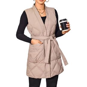 PAODIKUAI Women's Long Puffer Vest V Neck Zipper Lightweight Sleeveless Puffy Jacket Winter Coat with Belt