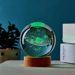 3D Solar System Crystal Ball Lamp, 3.15 Inch K9 Crystal Ball Night Light with Wooden Base, 16 Colors Changing Light with Dimmable Remote Control Planet Birthday Gifts for Home Decorations