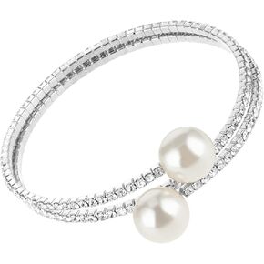 1920s Silver Pearl Open Bangle Rhinestone Pearl Bracelet for Women,Dainty Bracelet Wedding Sparkly Layered Bracelets for Women,Adjustable Bracelet for Brides in Saudi Arabia