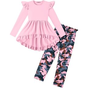 Arshiner Toddler Girl Clothes Ruffle Trim Long Sleeve Pullover Top and Floral Print Leggings Fall Outfits Kids Clothing Sets in Saudi Arabia