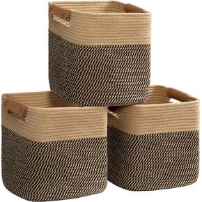 danpinera 11 Inch Storage Baskets, Woven Baskets for Organizing, 3 Pack, storage Baskets for Shelves, Closet, Nursery with Removable Leather Handles, White & Mixed Brown