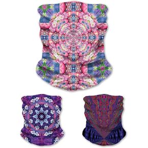 LUCID EYE Neck Gaiter 3 Pack, Flower Power Rave Series, Sun and Dust Protection Balaclava, Cool Stretchy Tube Scarf Bandana Face Cover for Festival, Fishing, Cycling, Hiking, Running, Outdoors