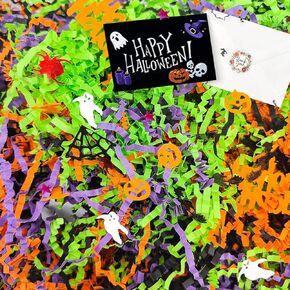 2.6 Lb Halloween Crinkle Cut Paper Shred,With Confetti of Pumpkins Bats Witch Ghosts Confetti,Halloween Paper Shred,Basket Filler,Used for Gift Wrapping Craft DIY Basket Filling Party Decoration.