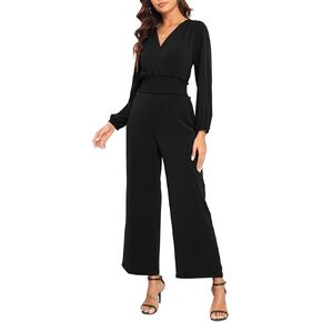 YUNDAI Womens Jumpsuit Fall Long Sleeve V Neck Casual Loose One Piece Outfits Wrap Waist Pants Long Romper with Pockets