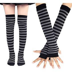Colorful House Striped Arm Warmer Fingerless Thumb Hole Mittens Gloves Knee High Socks Sets