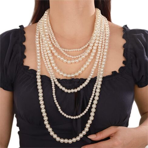 Octwine Boho 7 Layer Pearl Statement Necklace Vintage Pearl Earrings 1920s Pearl Necklace Bridal Wedding Jewelry Shiny Bar Party Prom Accessories for Women and Girls in Kuwait