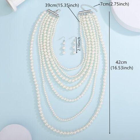 Octwine Boho 7 Layer Pearl Statement Necklace Vintage Pearl Earrings 1920s Pearl Necklace Bridal Wedding Jewelry Shiny Bar Party Prom Accessories for Women and Girls in Kuwait
