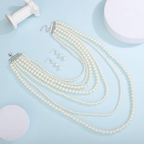 Octwine Boho 7 Layer Pearl Statement Necklace Vintage Pearl Earrings 1920s Pearl Necklace Bridal Wedding Jewelry Shiny Bar Party Prom Accessories for Women and Girls in Kuwait