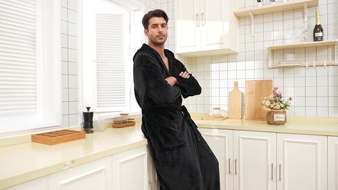 رداء بغطاء للرأس للرجال من VintageClothing مصنوع من الصوف القطيفة، معطف منزلي ناعم منفوش، رداء صالة بطول كامل مع جيوب in Kuwait
