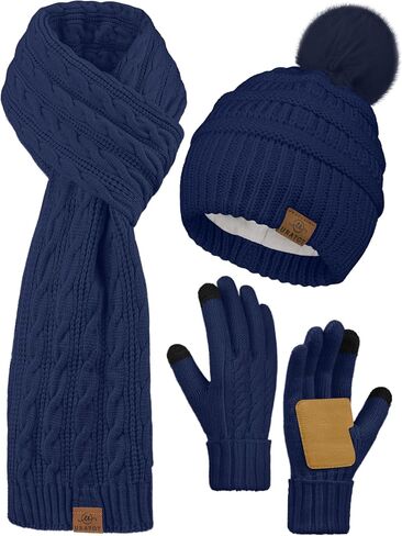 URATOT Winter Beanie Hat Scarf Gloves 3 in 1 Set for Women Fleece Lined Beanie Pompom Hat Touchscreen Gloves Long Scarf in Kuwait