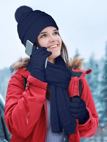 URATOT Winter Beanie Hat Scarf Gloves 3 in 1 Set for Women Fleece Lined Beanie Pompom Hat Touchscreen Gloves Long Scarf in Kuwait