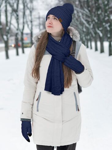 URATOT Winter Beanie Hat Scarf Gloves 3 in 1 Set for Women Fleece Lined Beanie Pompom Hat Touchscreen Gloves Long Scarf in Kuwait