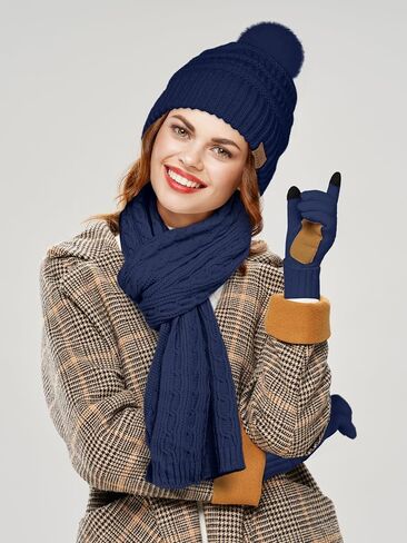 URATOT Winter Beanie Hat Scarf Gloves 3 in 1 Set for Women Fleece Lined Beanie Pompom Hat Touchscreen Gloves Long Scarf in Kuwait