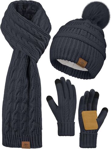 URATOT Winter Beanie Hat Scarf Gloves 3 in 1 Set for Women Fleece Lined Beanie Pompom Hat Touchscreen Gloves Long Scarf in Kuwait