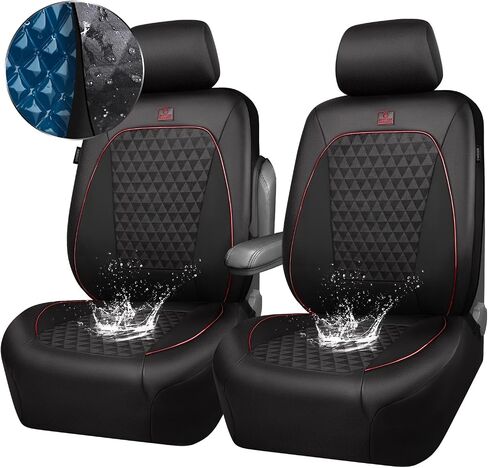 CAR PASS Leather Car Seat Covers Gel Wetsuit PU Front Seat Cover Waterproof EVA 2pcs All Weather Neoprene Universal Fit Pickup SUV Truck Sedan Automotive, Armrest Airbag Compatible, Rhombic Red Strips in Saudi Arabia