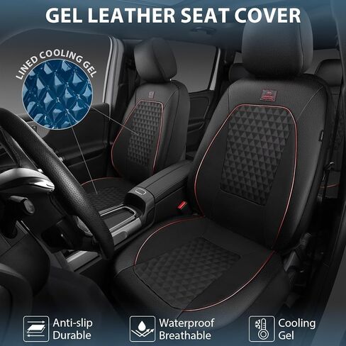 CAR PASS Leather Car Seat Covers Gel Wetsuit PU Front Seat Cover Waterproof EVA 2pcs All Weather Neoprene Universal Fit Pickup SUV Truck Sedan Automotive, Armrest Airbag Compatible, Rhombic Red Strips in Saudi Arabia