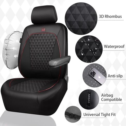 CAR PASS Leather Car Seat Covers Gel Wetsuit PU Front Seat Cover Waterproof EVA 2pcs All Weather Neoprene Universal Fit Pickup SUV Truck Sedan Automotive, Armrest Airbag Compatible, Rhombic Red Strips in Saudi Arabia