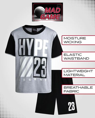 طقم شورت رياضي للأولاد من Mad Game - تي شيرت عالي الأداء وشورت رياضي - قميص جاف وشورت كرة السلة للأولاد (8-18) in Kuwait