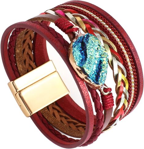 hotoo Bead Red Leather Bracelet Stackable Wrap Bracelets Boho Women Cuff Chunky Jewelry Gifts for Her Christmas Holiday Summer in Saudi Arabia