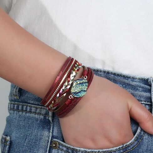 hotoo Bead Red Leather Bracelet Stackable Wrap Bracelets Boho Women Cuff Chunky Jewelry Gifts for Her Christmas Holiday Summer in Saudi Arabia