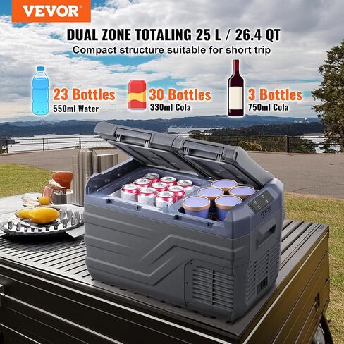VEVOR Car Refrigerator, 25 L Dual Zone Portable Freezer, 12 Volt Car Refrigerator Fridge, -4℉-68℉ Adjustable Range, 12/24V DC and 100-240V AC Compressor Cooler for Outdoor, Camping, RV in Saudi Arabia