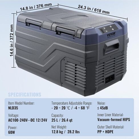 VEVOR Car Refrigerator, 25 L Dual Zone Portable Freezer, 12 Volt Car Refrigerator Fridge, -4℉-68℉ Adjustable Range, 12/24V DC and 100-240V AC Compressor Cooler for Outdoor, Camping, RV in Saudi Arabia