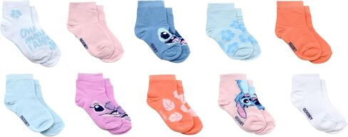 RH/DISNEY Disney Stitch Ankle Socks for Toddler Girls - 10 Pair Pack - Floral Print, Safety Toes Lining, Ribbed Cuffs - 2T-3T, Blue in Saudi Arabia