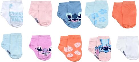 RH/DISNEY Disney Stitch Ankle Socks for Toddler Girls - 10 Pair Pack - Floral Print, Safety Toes Lining, Ribbed Cuffs - 2T-3T, Blue in Saudi Arabia