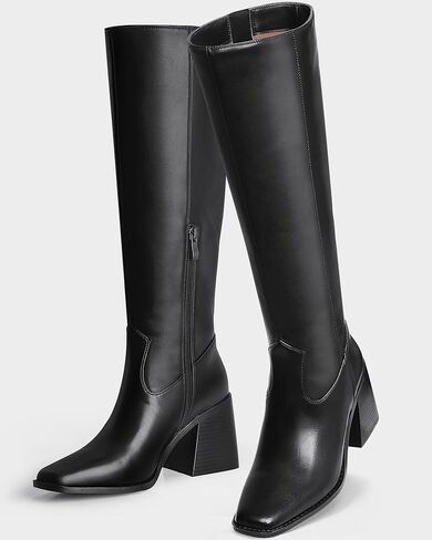 MUCCCUTE Knee High Boots for Women - Square Toe Chunky Block Heel Boots with Side Zipper Pull On PU Long Boots Brown Crocodile Pattern US Size 6 in Saudi Arabia