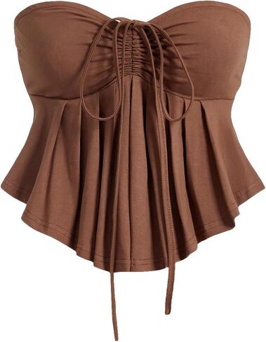 OYOANGLE Women's Sleeveless Strapless Tube Tops Drawstring Ruched Front Ruffle Hem Bandeau Crop Tops in Saudi Arabia