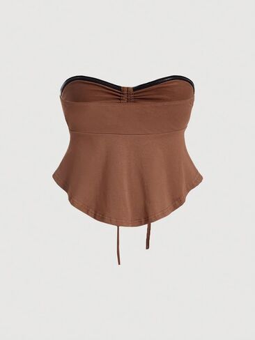 OYOANGLE Women's Sleeveless Strapless Tube Tops Drawstring Ruched Front Ruffle Hem Bandeau Crop Tops in Saudi Arabia