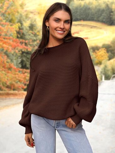 PRETTYGARDEN Womens Sweaters Fall 2024 Long Lantern Sleeve Oversized Sweater Casual Crewneck Loose Ribbed Knit Pullover Tops in Saudi Arabia
