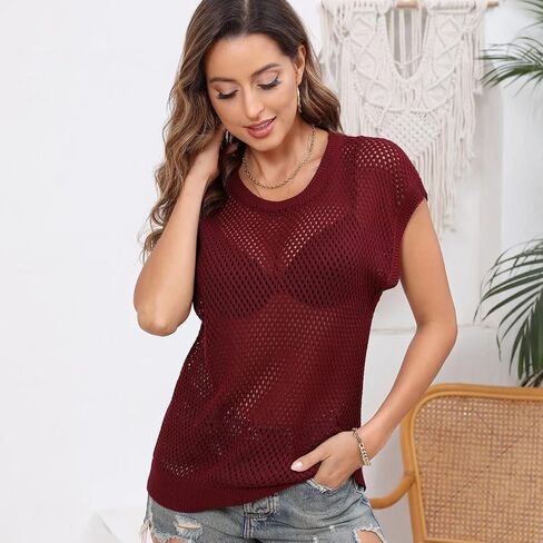 Women's Sweater Vest Summer Round Neck Crochet Hollow Out Knit Sleeveless Casual Pullover Tank Top. in Kuwait
