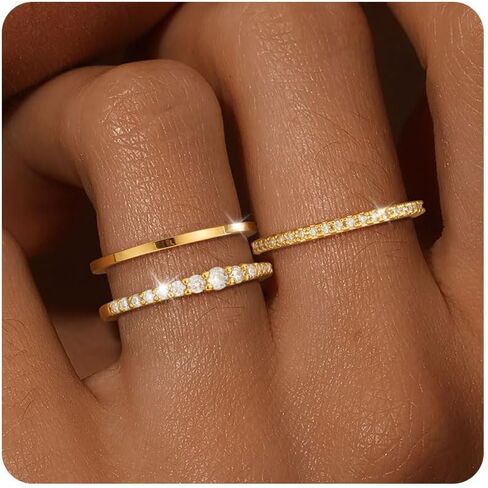Stackable Gold Silver Rings for Women Non Tarnish Thin Ring Set Cubic Zirconia Thumb Pinky Rings 14K Gold Plated Eternity Band Rings Cute Dainty Jewelry Gift Size 6-10 in Kuwait