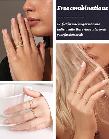 Stackable Gold Silver Rings for Women Non Tarnish Thin Ring Set Cubic Zirconia Thumb Pinky Rings 14K Gold Plated Eternity Band Rings Cute Dainty Jewelry Gift Size 6-10 in Kuwait