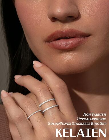 Stackable Gold Silver Rings for Women Non Tarnish Thin Ring Set Cubic Zirconia Thumb Pinky Rings 14K Gold Plated Eternity Band Rings Cute Dainty Jewelry Gift Size 6-10 in Kuwait